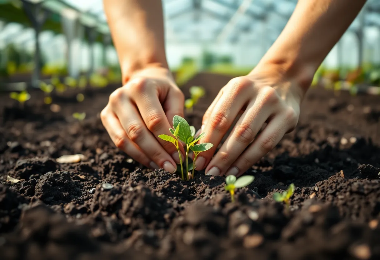 This close-up image highlights the intimate process of planting seedlings in dark, nutrient-rich soil. Bathed in soft, diffused daylight, the hands are rendered with natural skin texture, showing the connection to the earth. The lush greens of the seedlings contrast beautifully with the soil, creating a visually appealing and earthy composition. Perfect for gardening enthusiasts and lifestyle content focused on sustainability.