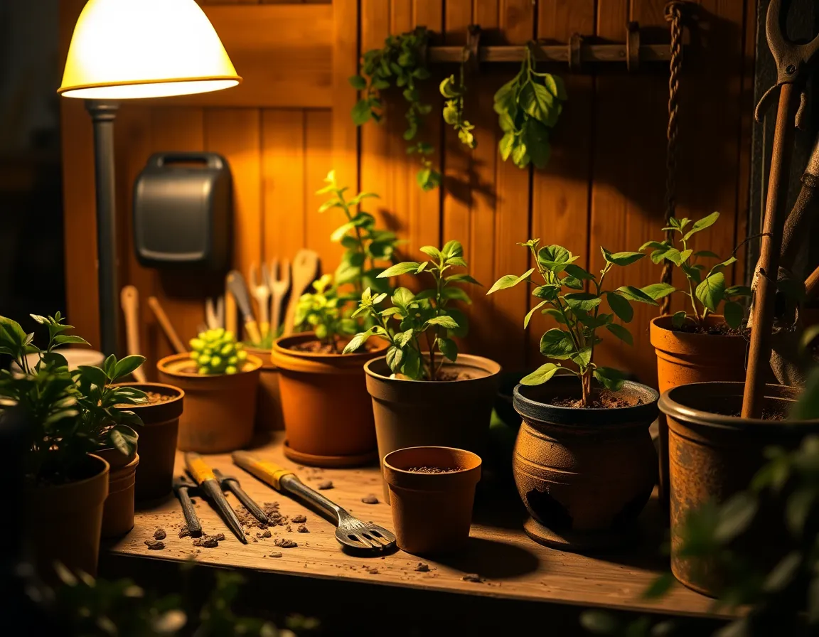 This inviting image presents a cozy gardening nook filled with well-used tools and vibrant potted plants. The warm glow from a nearby tungsten lamp casts a comforting light, emphasizing the rich textures of the wooden bench. The depth of field creates a soft background, putting the focus on the curated arrangement. With a warm color palette of browns and greens, this scene is perfect for lifestyle content centered around home gardening and relaxation.