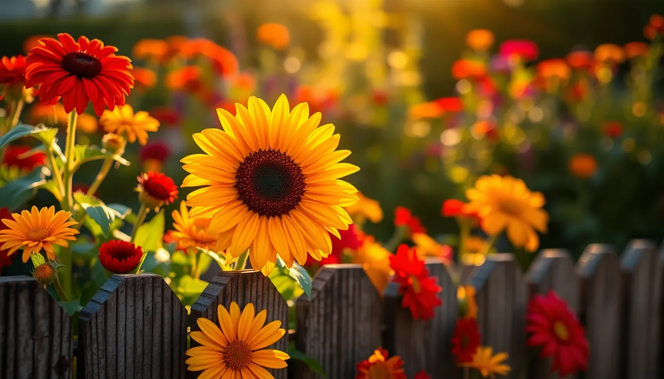 This image captures a stunning garden scene during the golden hour, featuring a solitary sunflower surrounded by a burst of colorful blooms. The warm sunlight creates an inviting atmosphere, enhancing the saturation of reds, oranges, and greens. A shallow depth of field beautifully isolates the flowers, while the weathered wooden fence adds a rustic charm. This serene moment is perfect for gardening enthusiasts and lifestyle content.