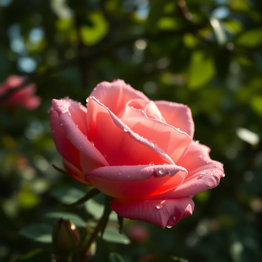 This close-up captures the delicate beauty of a blooming rose adorned with glistening dewdrops after a morning rain. Soft diffused daylight enhances the colors, creating a serene and tranquil atmosphere. The focus on the rose's intricate petals highlights the texture and natural hues of the flower. This image beautifully showcases nature's details and the refreshing essence of early mornings in a garden.
