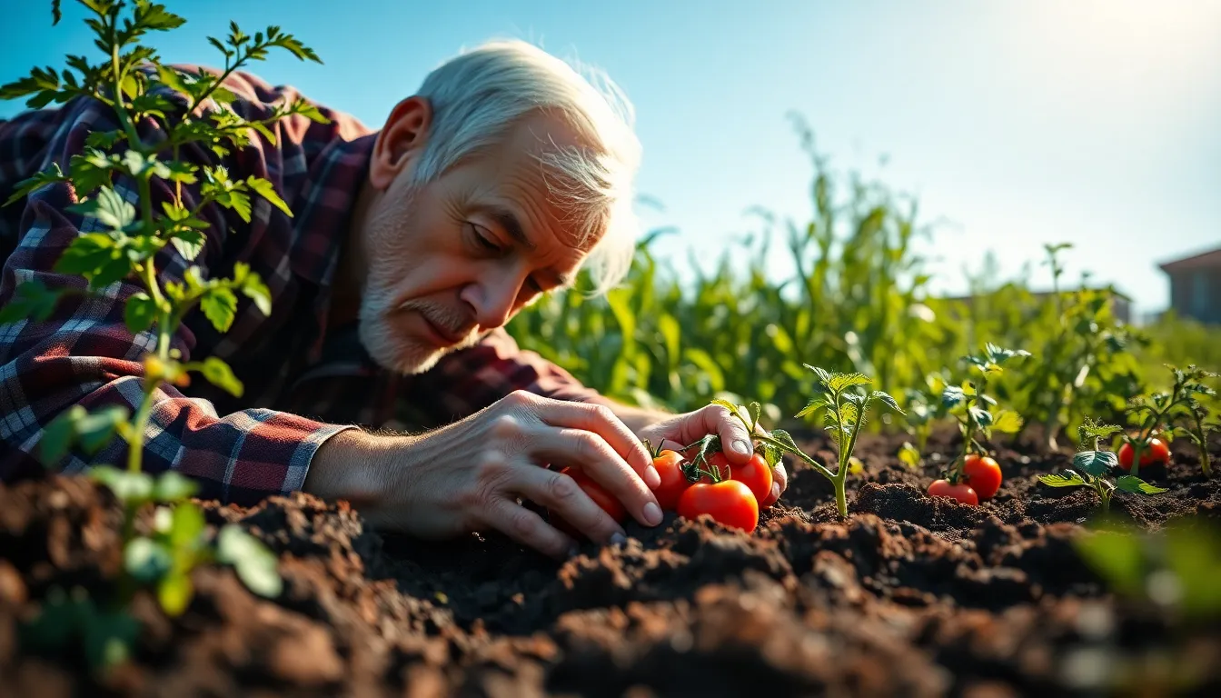 In this heartwarming scene, an elderly gardener is seen planting fresh tomato seedlings in nutrient-rich soil. Bright, diffused daylight enhances the warm tones of the earth and the vibrant green of the tomato plants. The shallow depth of field ensures focus on the gardener's skilled hands, creating an intimate connection to gardening. This image beautifully captures the dedication and joy found in nurturing plants.