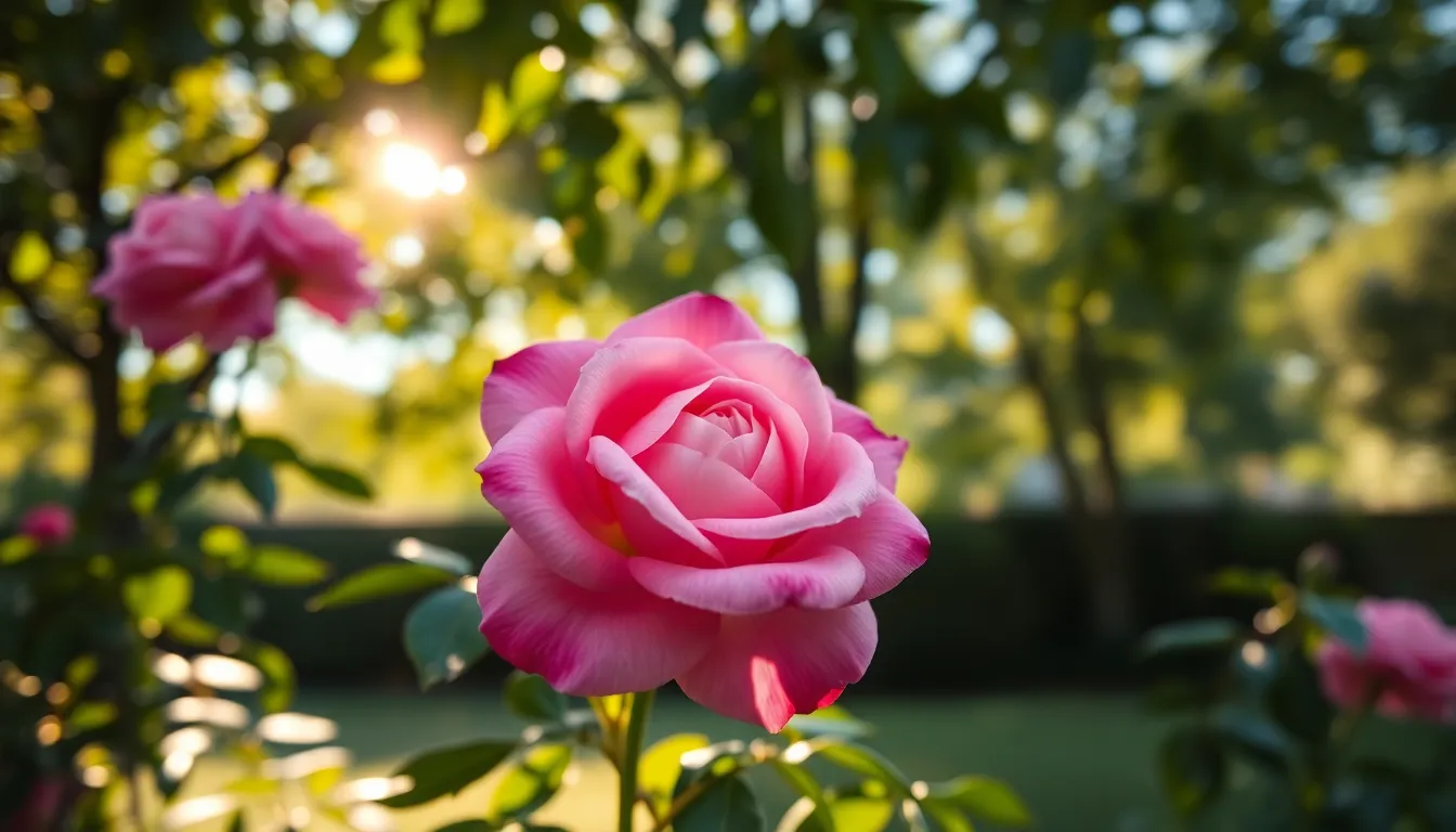 Vibrant Pink Rose in Garden A breathtaking close-up of a vibrant pink rose blooming in a lush garden, captured during a sunny afternoon. The dappled sunlight filters through the leaves, creating an ethereal glow on the petals. The image's soft focus on the rose highlights its delicate textures and rich colors, while the lush green foliage forms a harmonious backdrop. This serene composition invites viewers to appreciate the beauty of nature.