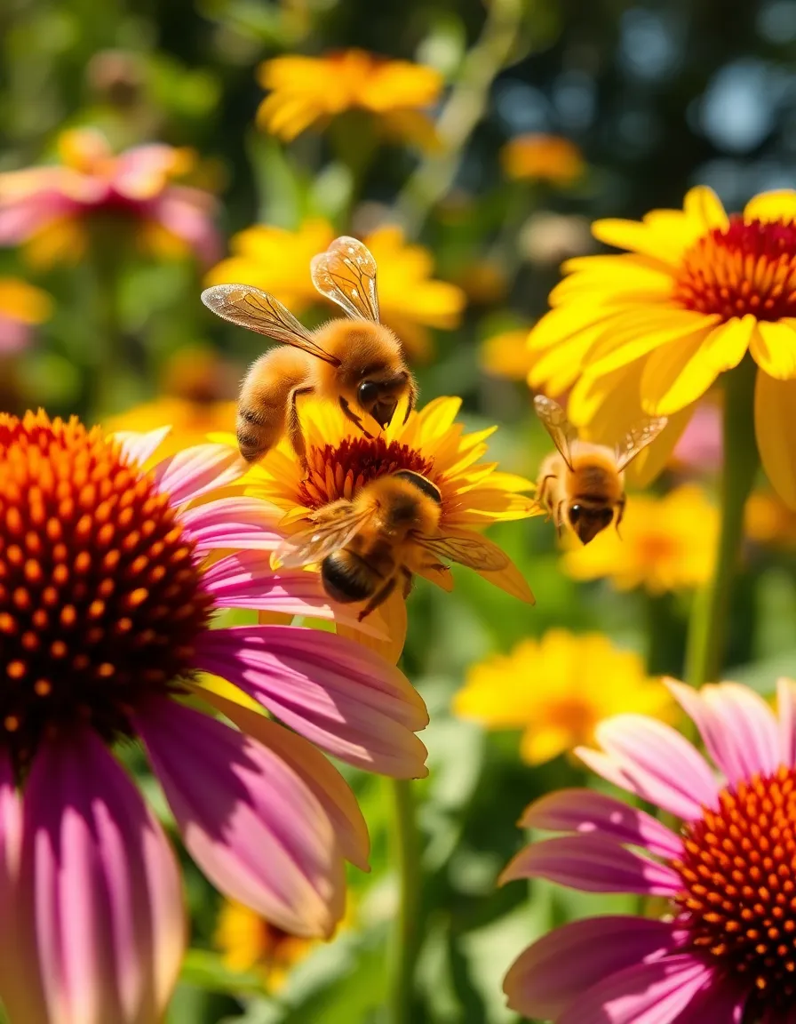 This dynamic close-up beautifully illustrates honeybees at work in a lush garden filled with colorful flowers. The rich, saturated colors emphasize the vibrant ecosystem, while the bright sunlight brings the scene to life. Every detail, from the fuzzy bees to the delicate petals, is sharply defined, showcasing the interconnectedness of nature. The active composition captures the essence of pollination, celebrating the vital role of bees in our environment.