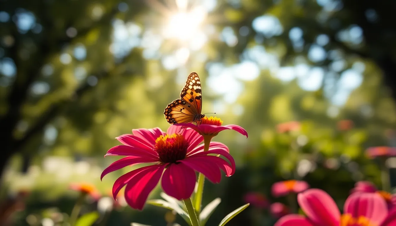In a sunlit garden, a delicate butterfly rests on a vibrant flower, completely captivating the viewer. The dappled sunlight filters through tree leaves, adding a magical quality to this serene scene. The soft background bokeh emphasizes the intricate details of the butterfly and flower, while the natural muted tones sustain a peaceful ambiance. This image celebrates the beauty and tranquility of wildlife in the garden setting, inviting viewers to immerse themselves in nature's wonders.