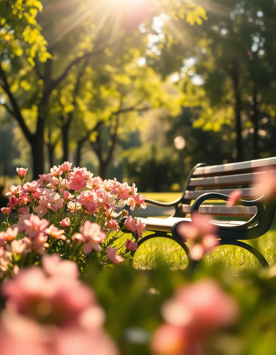 This tranquil scene showcases a charming garden bench surrounded by blooming flowers in a sunny park. Warm sunlight filters through the trees, casting dappled patterns of light on the bench and the lush grass. The soft colors of the flowers invite a sense of peace and serenity, while the inviting composition encourages viewers to envision themselves enjoying a quiet moment in nature. This image beautifully captures the essence of leisurely afternoons spent in a garden.