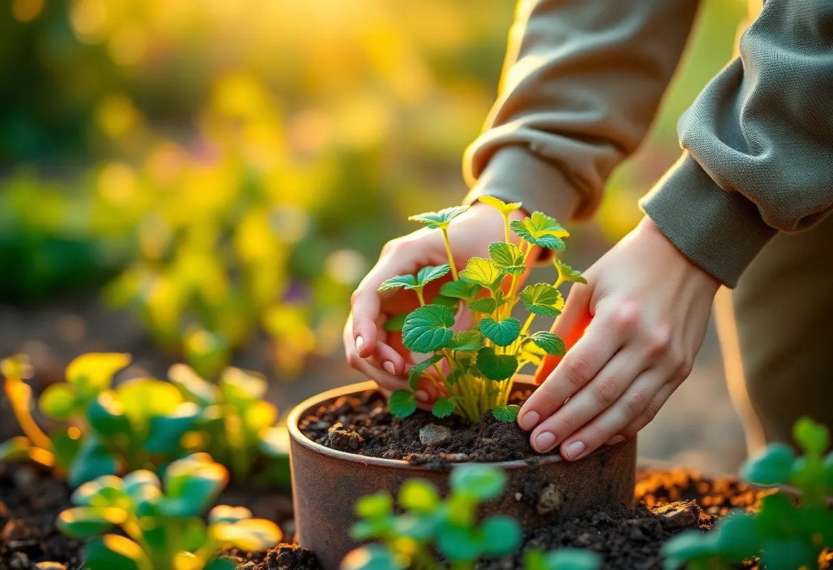 A gardener, clad in a vibrant green apron, is diligently planting seeds within a bright, airy greenhouse. The overcast daylight bathes the scene in a soft glow, highlighting the intricate details of the leafy herbs and trailing vines surrounding her. The natural, muted earth tones create a serene atmosphere, while the sharp focus invites viewers to appreciate every aspect of the gardening process. This composition showcases the dedication and care that goes into nurturing plants.