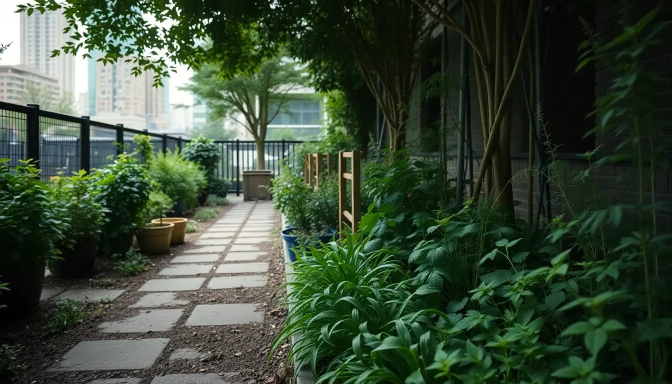 An inviting urban garden brims with fresh herbs under a canopy of overcast skies, showcasing the simple beauty of nature within the city. The viewer is drawn into the space by leading lines of the wooden pathways, surrounded by lush green plants. This image highlights the earthy palette of muted tones that evoke a sense of peace and connection to nature. It's a perfect visual representation of urban gardening and the joys of cultivating herbs at home.