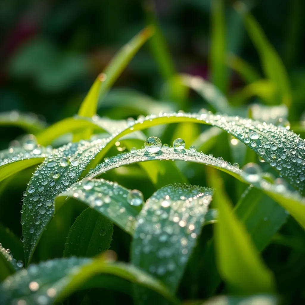 In this captivating close-up, dew droplets glisten on vibrantly green leaves, showcasing the intricate textures of nature. The magical morning light adds a soft glow, enhancing the serene beauty of the garden. The shallow depth of field isolates the water droplets, creating a sense of intimacy and wonder. This image invites viewers to appreciate the delicate details that often go unnoticed in a garden, reflecting the peacefulness of early mornings and a connection to the outdoors.