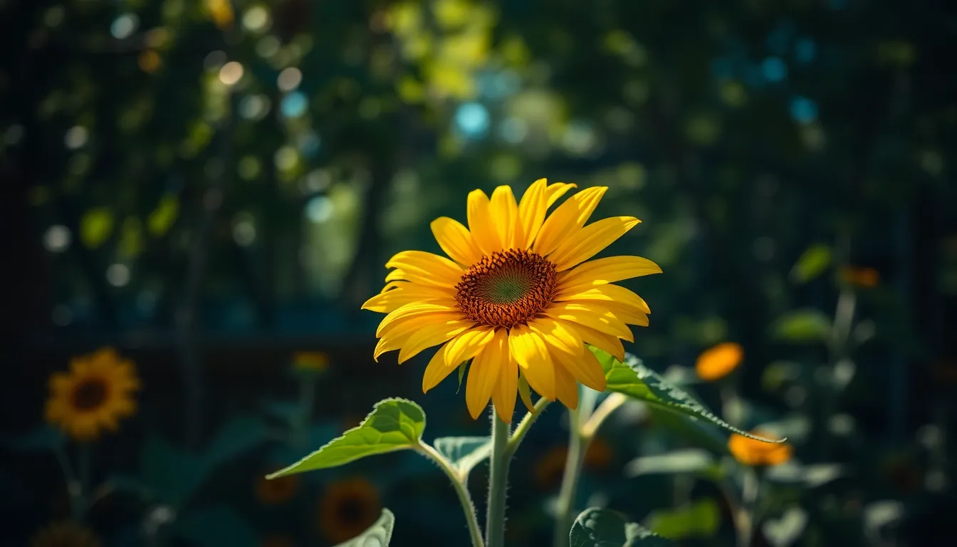 A striking macro image of a single sunflower basking in dappled sunlight, with soft highlights accentuating its vibrant yellow petals. The background is blurred, creating a painterly effect that emphasizes the flower's beauty. A cinematic teal and orange color grading enhances the mood, making this image perfect for showcasing the allure of floral gardening.