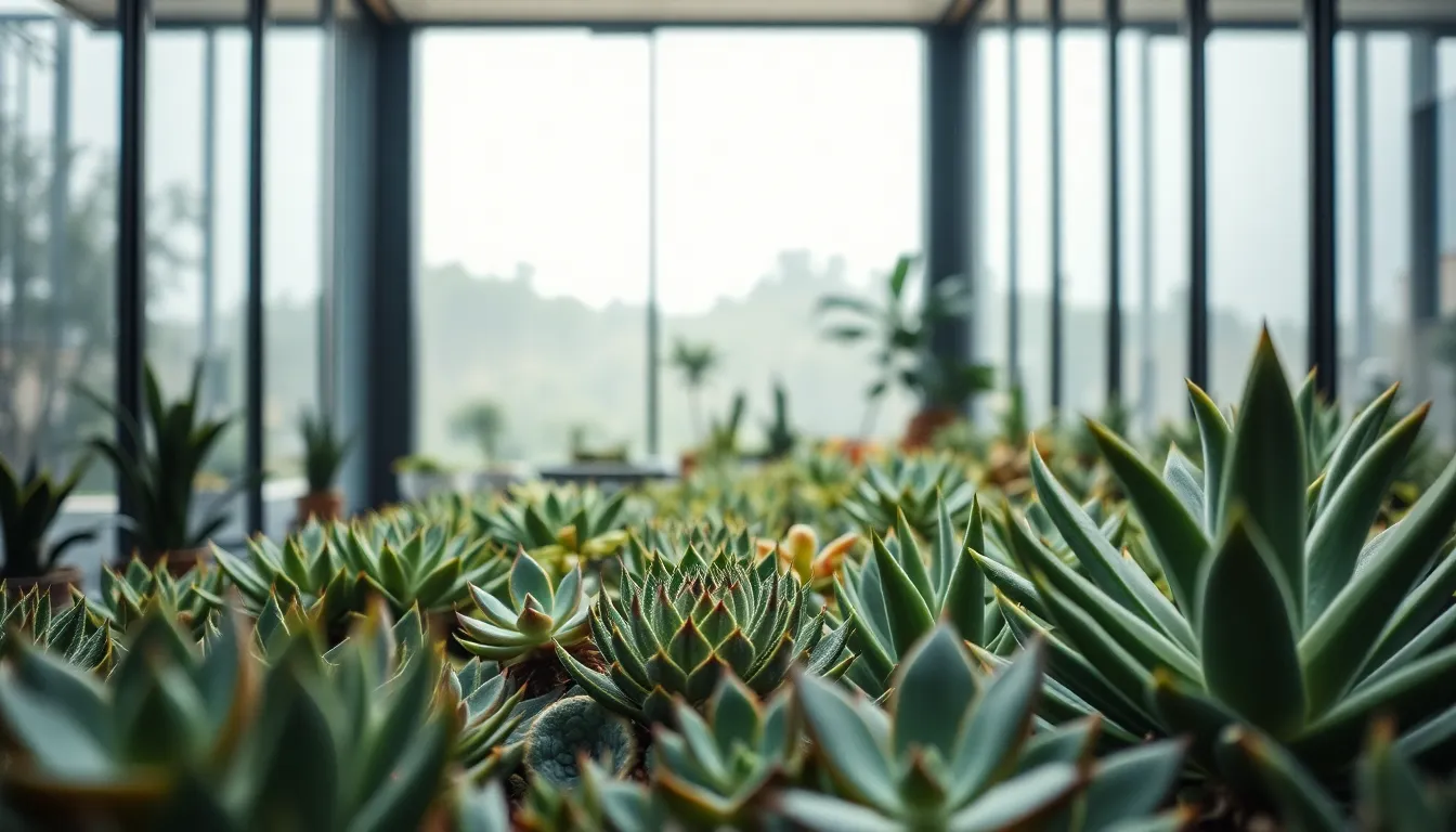 Indoor Succulent Garden A serene image showcasing a modern indoor garden filled with an assortment of succulents, beautifully illuminated by diffused daylight. The overcast light creates a soft, calming atmosphere, enhancing the rich greens and earthy tones of the plants. The composition leads the viewer's eye towards the lush greenery, with detailed textures of the succulent leaves captivating attention. This tranquil scene brings nature indoors, emphasizing the beauty of plants.