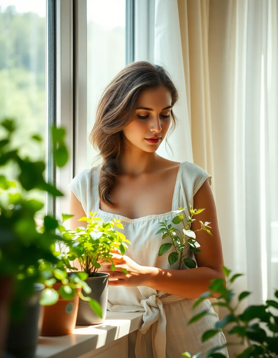 This tranquil indoor scene depicts a woman nurturing her beloved potted plants on a bright windowsill. Soft, natural light streams through sheer curtains, creating delicate highlights and shadows across the scene. The woman's gentle expression conveys a deep connection to her plants, enhancing the nurturing ambiance. With muted earth tones dominating the visual palette, the image invites viewers to appreciate the soothing presence of indoor gardening in their own spaces.