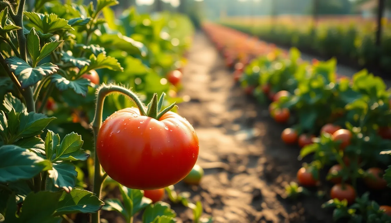 Vibrant Vegetable Garden at Dawn An enchanting view of a vegetable garden at dawn, drenched in soft natural light. Focused closely on a dewy tomato, the vibrant red contrasts beautifully with the lush green leaves. The composition captures the orderly rows of produce, inviting the viewer to explore this bountiful harvest. The subtle textures of the vegetables add depth, embodying the joy and beauty of gardening in full bloom.