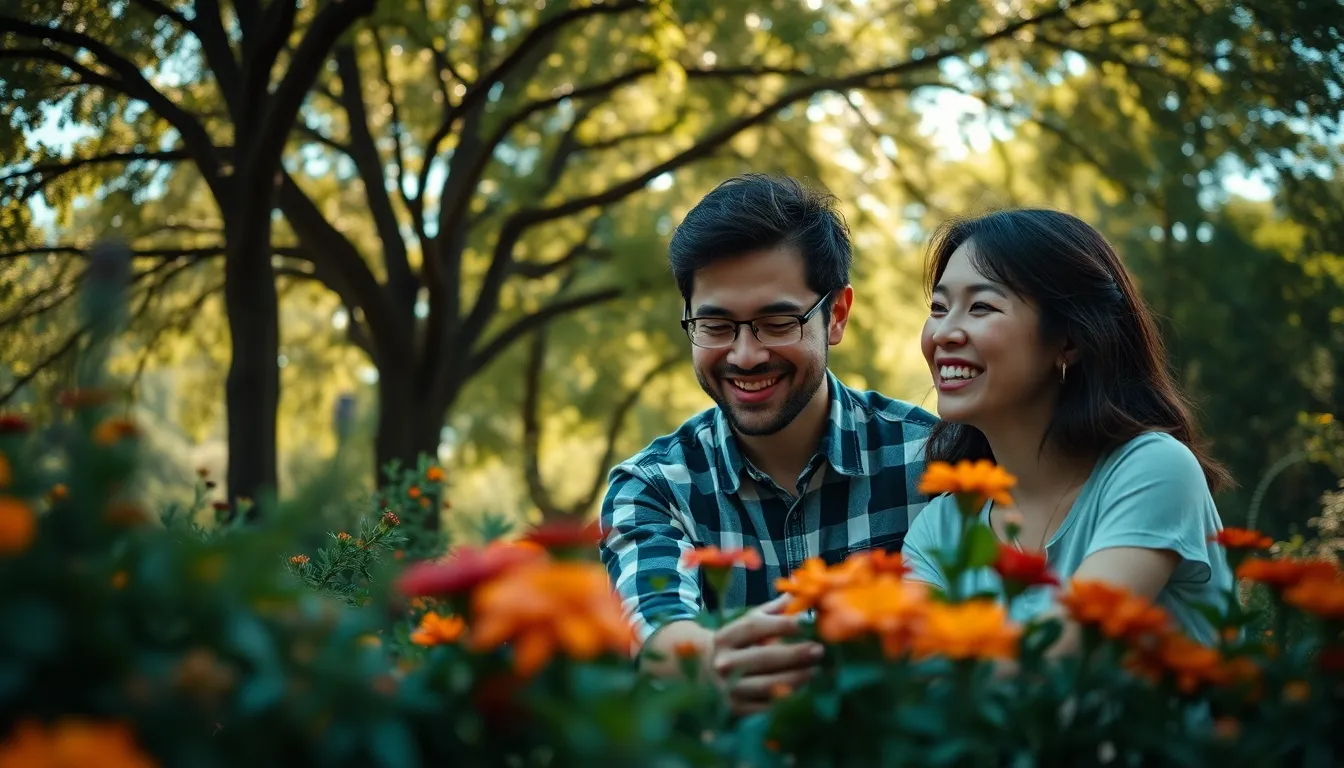 A joyful couple is immersed in gardening under the beautiful dappling of sunlight filtering through the trees. Their expressions of happiness reflect the serenity of the outdoor setting, surrounded by vibrant flowers. The shallow depth of field accentuates their interactions, while cinematic colors enhance the dreamlike quality of the moment. This image represents the love and connection people can have with nature and each other.