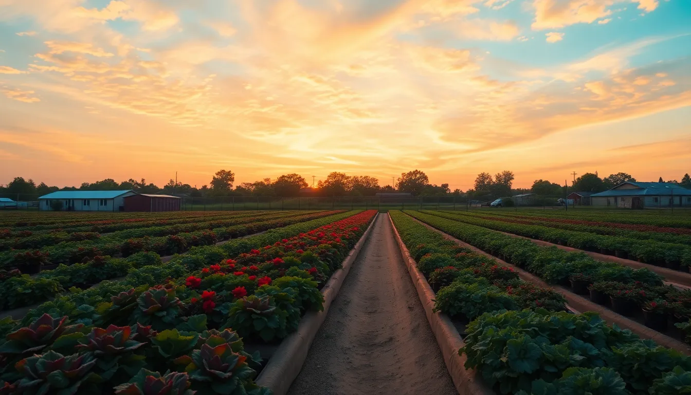 This beautiful landscape photograph captures a community garden bathed in the warm glow of sunset. Rows of vibrant vegetable beds stand out against a dramatic sky, filled with pastel clouds that evoke a sense of tranquility. The rich colors of the plants contrast beautifully with the fading light, creating a harmonious blend of nature and community effort. The sharp focus throughout the scene emphasizes the care put into the garden, inviting viewers to appreciate the rewards of hard work and collaboration.