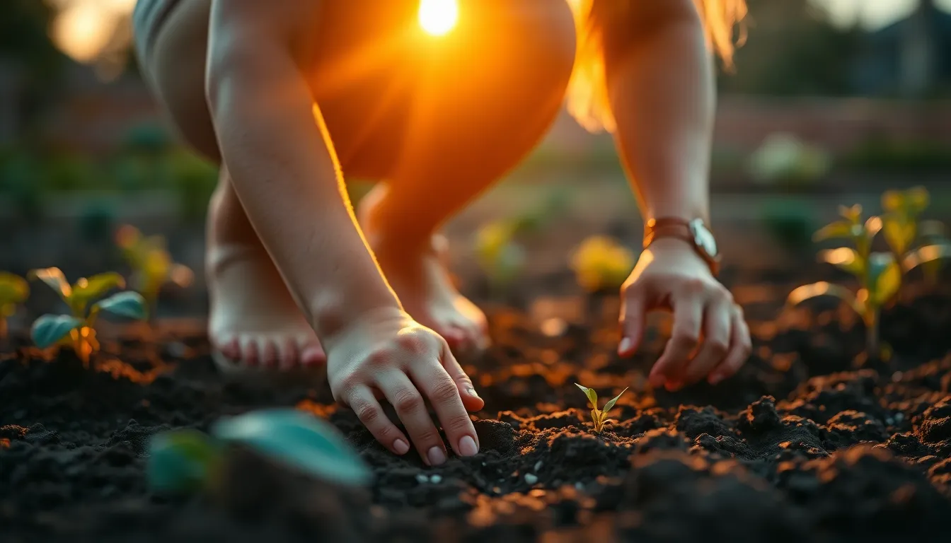 Gardener Planting Seeds at Sunset A captivating image of a female gardener planting seeds during golden hour, bathed in warm backlighting that highlights her silhouette. The focus is on her hands as they work the rich, dark soil, conveying a sense of dedication. The warm colors of the sunset create a tranquil atmosphere, while the textures of the soil and seeds are brought into sharp detail. This composition encapsulates the heart of gardening — the nurturing of nature.
