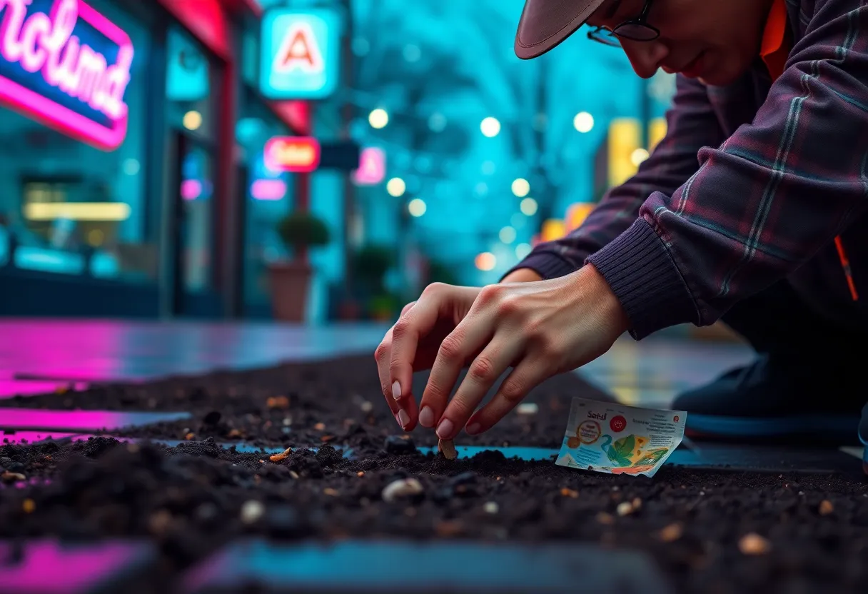 A close-up shot captures the delicate hands of a gardener gently planting seeds into rich, dark soil. The blue and magenta hues of neon reflections create an immersive atmosphere, while the cinematic color grading adds depth. The focus on the gardener's hands and the intricate details of the seed packets invites viewers to connect with the art of planting, emphasizing the care and precision involved in nurturing new life.