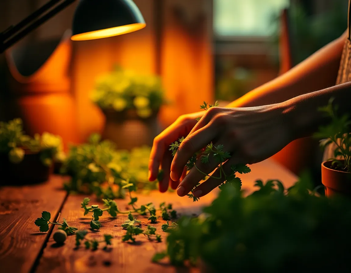 A close-up scene capturing a gardener’s hands delicately tending to fresh herbs under warm, atmospheric lighting. The rich, earthy tones of the wooden table juxtapose beautifully with the vibrant green of the herbs, creating an inviting and intimate atmosphere. The selective focus draws attention to the textures in the herbs and the gentle movement of the gardener's hands, symbolizing the nurturing aspect of gardening.
