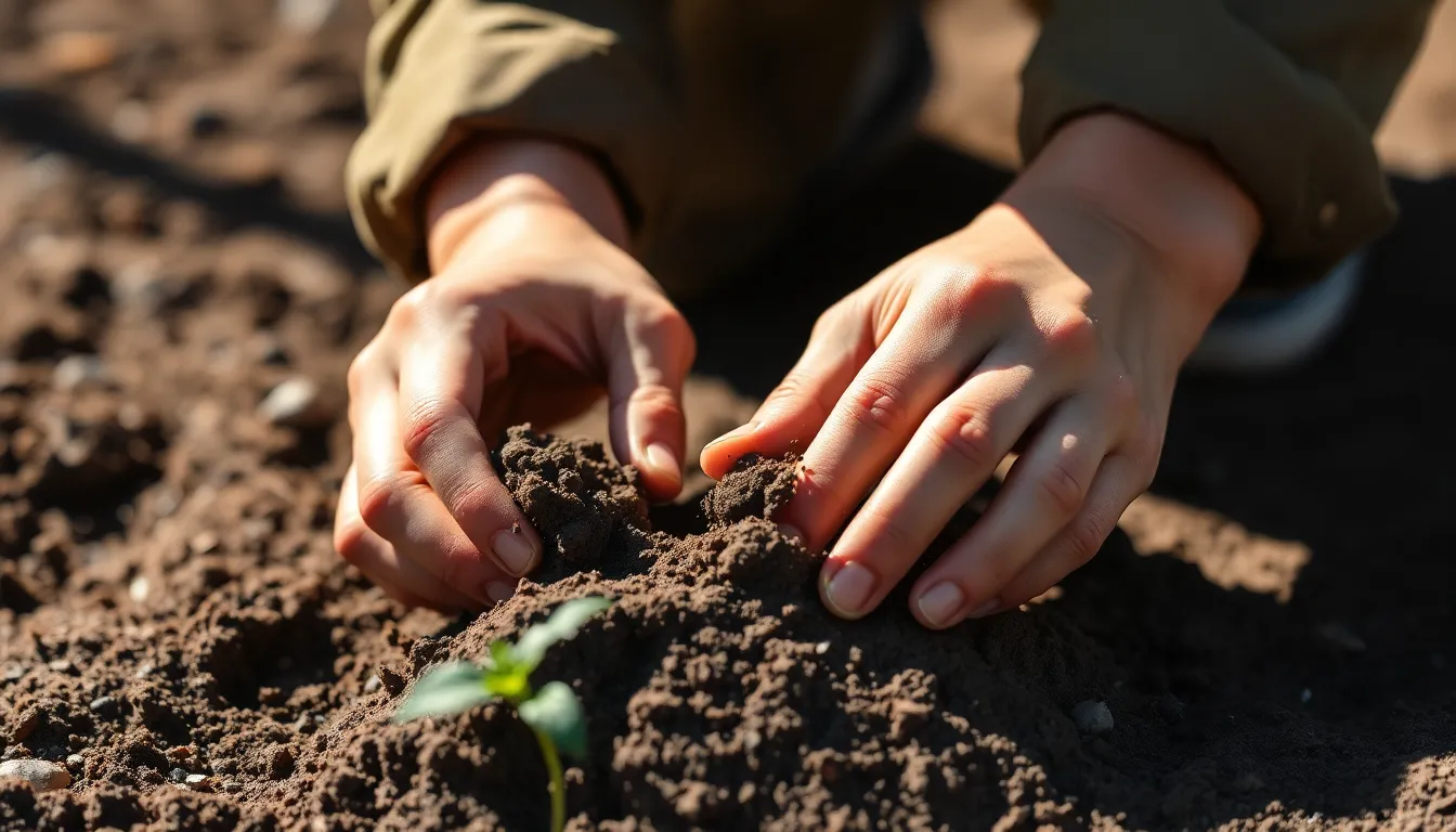 A focused shot capturing a gardener's hands actively planting seeds in freshly turned soil. The sunlight creates a dynamic play of light and shadow, enhancing the texture of the soil and fingers. The earthy tones convey a sense of warmth and connection to nature. This image highlights the nurturing aspect of gardening, inviting viewers to partake in the experience.