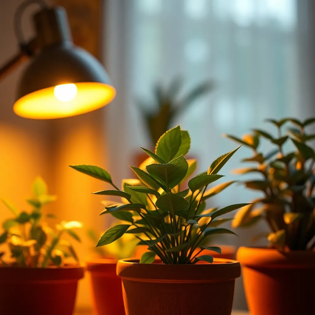 A close-up view of vibrant indoor potted plants set against a cozy, lit environment. The warm glow of the tungsten light highlights the rich greens of the leaves, making them pop against the muted background. The textured clay pots add an organic feel to the scene, while the selective focus draws attention to the intricate details of each plant. This image beautifully captures the calming essence of indoor gardening.