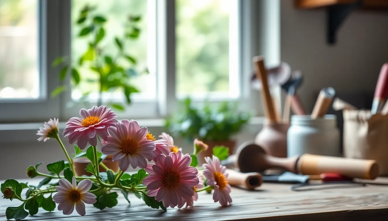 A beautiful indoor gardening scene featuring vibrant blooming flowers on a rustic wooden table. Soft, diffused daylight streams in from a window, illuminating the delicate petals and creating a serene atmosphere. Gardening tools are neatly arranged, adding a touch of organization. The overall natural muted tones enhance the peaceful vibe, perfect for a lifestyle gardening theme.