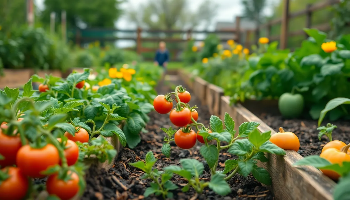 This image captures a vibrant community vegetable garden teeming with life in spring. Lush green leaves and vibrant vegetables thrive under soft daylight, creating a sense of abundance and growth. The raised garden beds add structure to the scene, while leading lines draw the viewer's eye through the rich textures of soil and foliage. Warm earth tones and fresh colors evoke feelings of nourishment and community spirit.