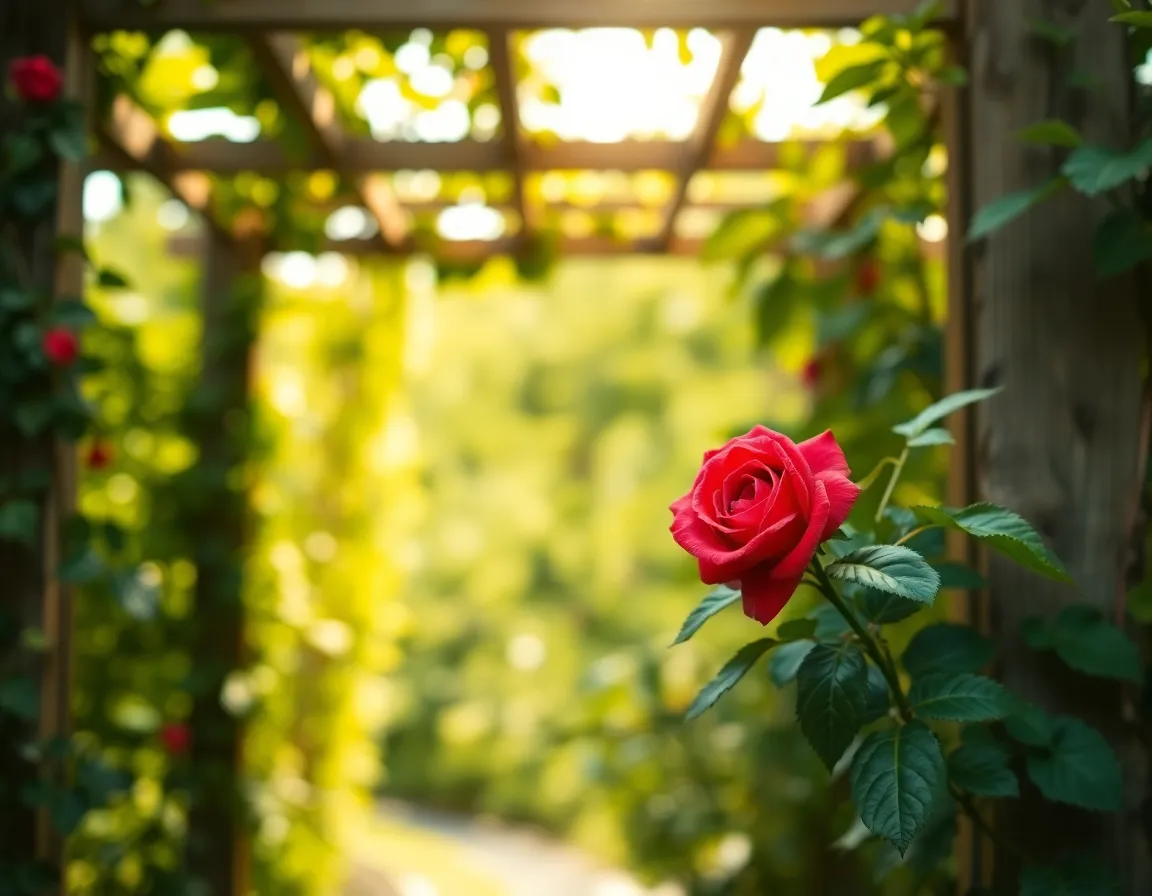 Vibrant Red Rose on Trellis in Garden A stunning close-up of a vibrant red rose blooming against a beautifully weathered wooden trellis. The warm, diffused light enhances the rich colors, creating a serene and inviting mood. The shallow depth of field isolates the rose, while the lush green vines in the background offer a soft bokeh, adding depth to the composition. This image evokes the tranquility of a summer garden.