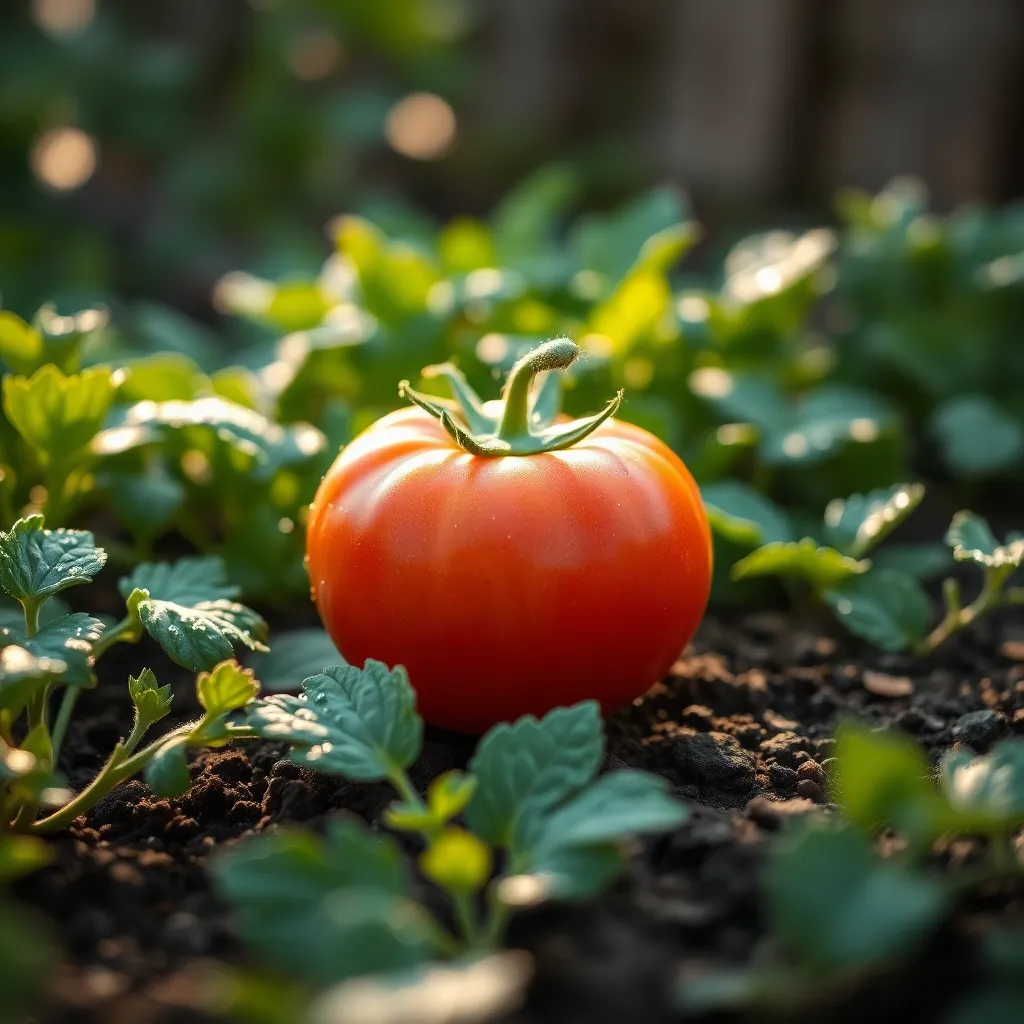 A stunning close-up of a ripe tomato glistening with morning dew in a rustic garden bed captures the essence of home gardening. The soft diffused light enhances the warm colors of the tomato, creating a beautiful contrast with the lush green leaves surrounding it. The texture of the soil adds depth to the composition, inviting viewers to appreciate the bounty of a well-tended garden. This image evokes feelings of freshness and the joys of nurturing vegetables.