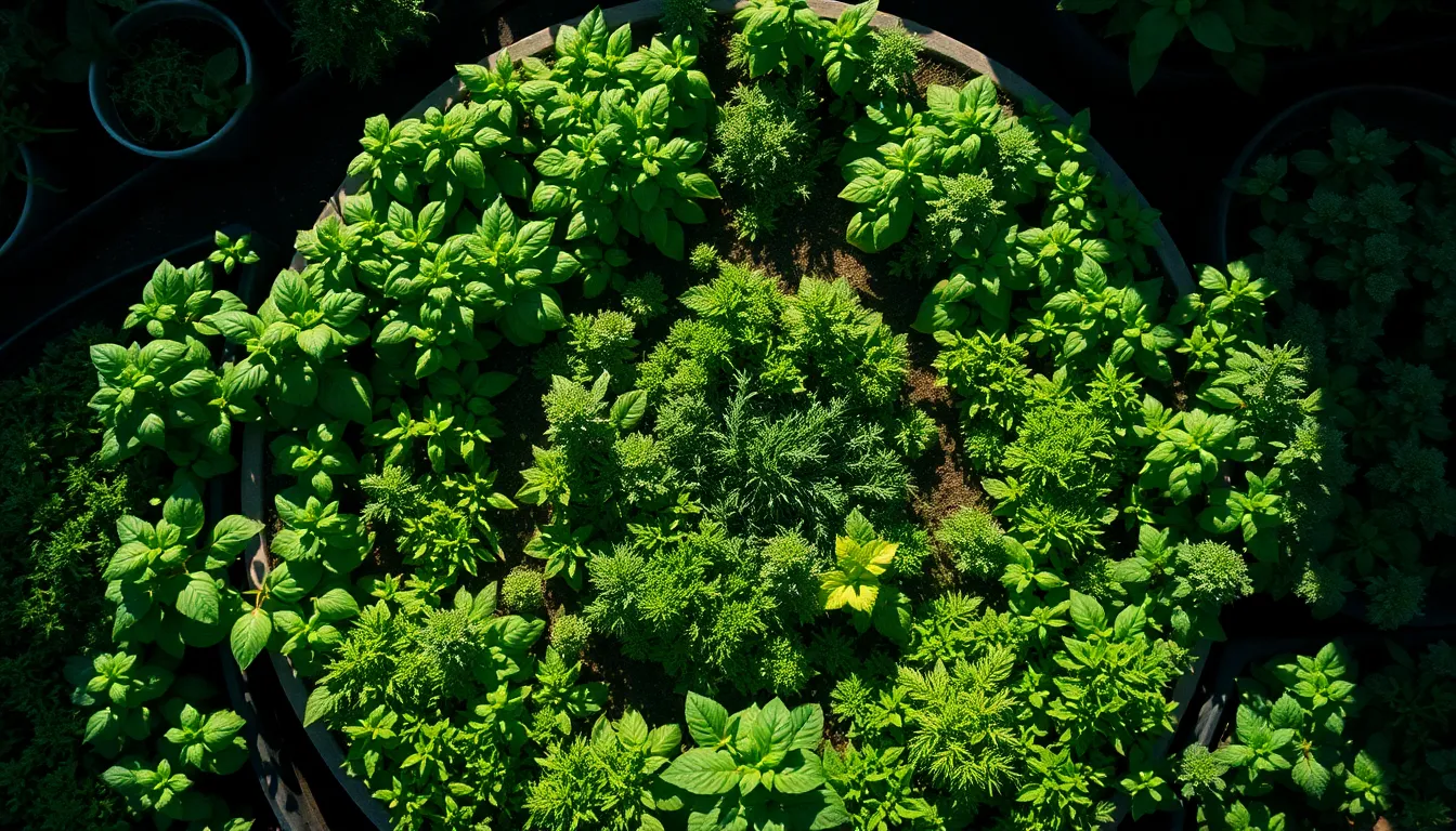 This striking aerial view reveals a lush herb garden filled with vibrant basil, thyme, and rosemary. Midday sunlight creates strong shadows, giving depth and vibrancy to the scene. The circular arrangement of the herbs emphasizes their richness, while the saturated colors inspire a sense of vitality and abundance. This image captures the essence of gardening as a flavorful journey, inviting viewers to appreciate the diversity of herbs.