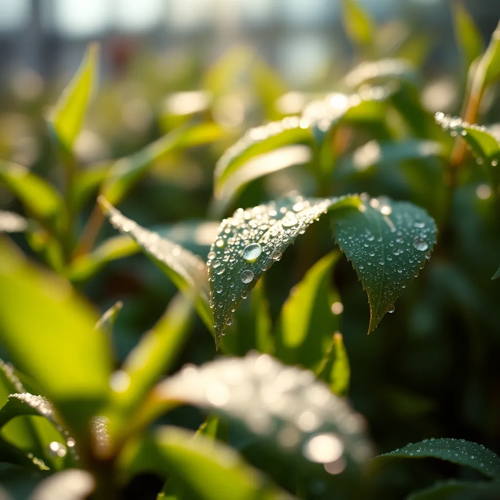 A stunning macro shot of dew droplets adorning vibrant green leaves in a morning garden. Soft natural light enhances the fresh, inviting scene, while the gentle textures of the leaves and glistening water create a tranquil atmosphere. This image captures the essence of a peaceful garden awakening to the day.