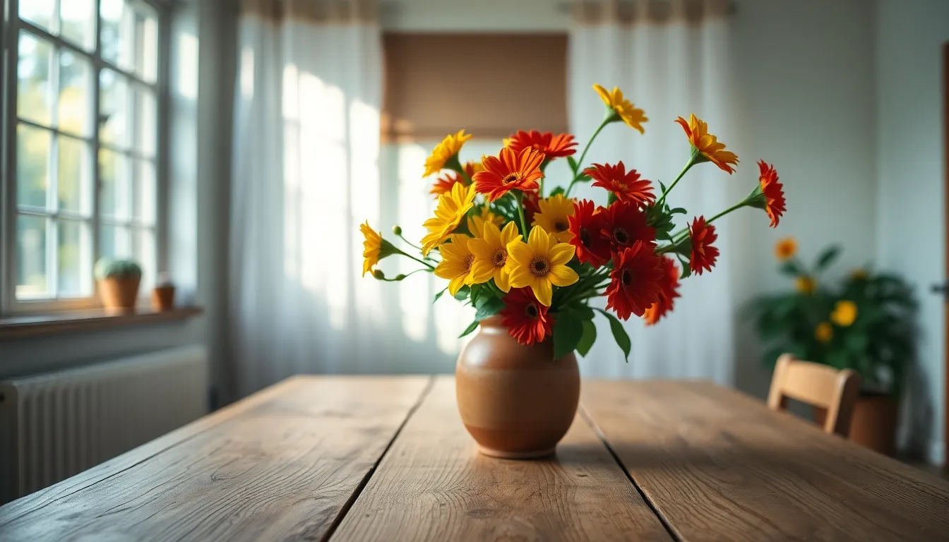 A stunning bouquet of flowers sits gracefully in a rustic ceramic vase, catching the soft diffused daylight filtering through a large window. The vivid reds, yellows, and greens of the petals contrast beautifully against the blurred background. This composition celebrates the beauty of nature and the art of gardening, inviting viewers into a serene indoor space. The texture of the weathered wooden table adds warmth to the scene, emphasizing the organic feel.
