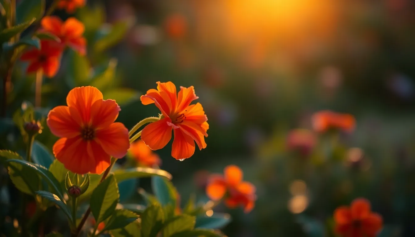 A stunning close-up of vibrant flower blooms captured during the golden hour, highlighting their rich colors and delicate textures. The soft backlighting creates a warm glow, emphasizing the intricate details of the petals and the morning dew droplets. The blurred background enhances the vividness of the blooms, framed artistically to draw the eye. This image beautifully embodies the tranquility and beauty of a flourishing garden.