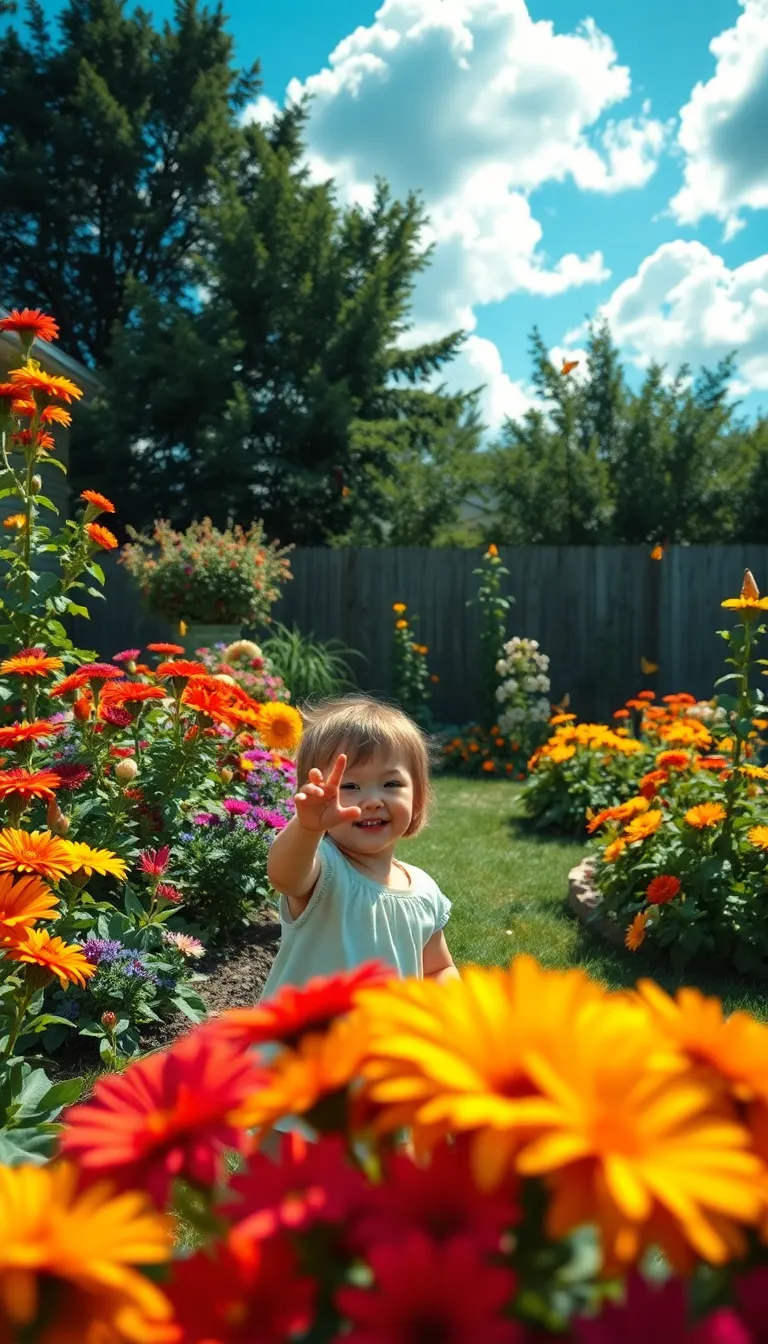 This playful scene features a child joyfully exploring a vibrant backyard garden filled with colorful flowers and fluttering butterflies under a bright blue sky. The shallow depth of field accentuates the child's expression of wonder, while the cinematic color grading enhances the vividness of the flowers, creating a lively and cheerful atmosphere. The composition invites viewers into this enchanting moment, celebrating the beauty of nature and the joy of childhood.