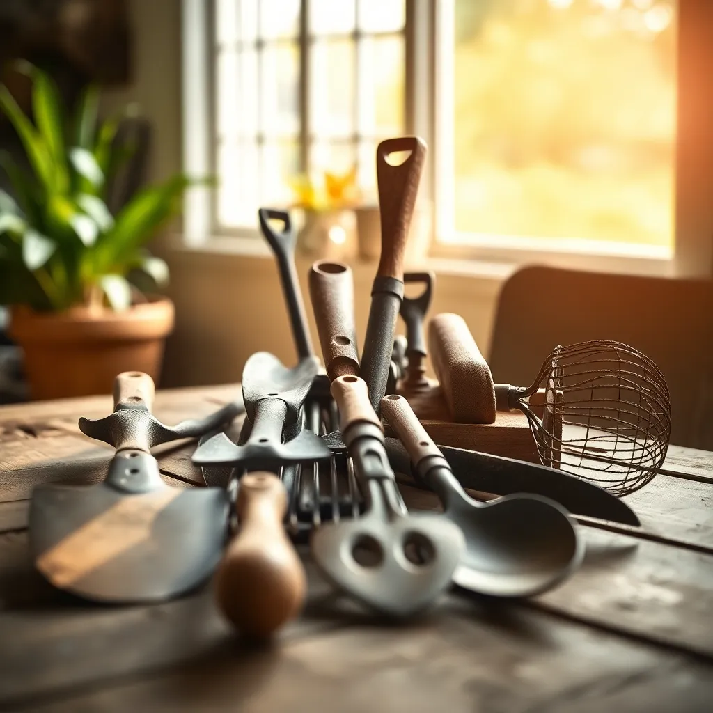 This charming image captures an artistic arrangement of gardening tools on a beautifully weathered wooden table. Soft afternoon light filters through a nearby window, highlighting the warm neutrals and earthy tones of the scene. The shallow depth of field draws attention to the textures of the tools, while the negative space enhances their artistic arrangement. A perfect visual for gardening enthusiasts and craft lovers.