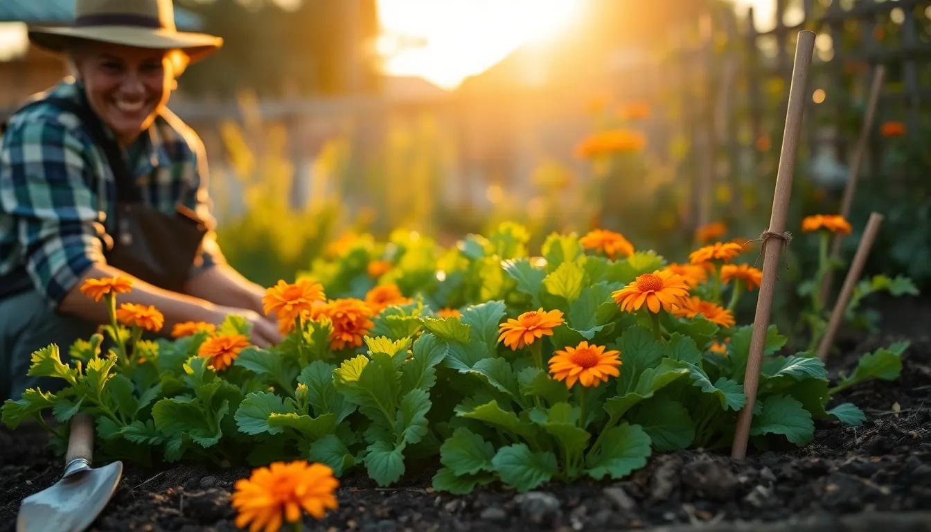 A joyful gardener is seen tending to a colorful vegetable garden during golden hour. The warm sunlight casts long shadows over vibrant green lettuce and orange marigolds, creating a serene atmosphere. The scene captures the essence of gardening as both a hobby and a lifestyle, with rustic tools and rich soil textures adding depth. The overall mood is warm and inviting, showcasing the beauty of nature and the satisfaction of nurturing plants.