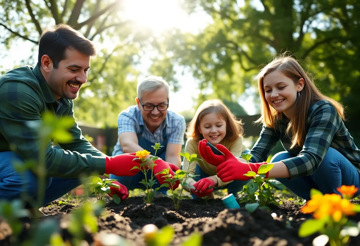 A heartwarming scene of a family working together in their garden under the warm afternoon sun. Dappled sunlight filters through trees, creating a cheerful atmosphere. The vivid colors of garden gloves and flowers contrast beautifully with the lush greens. This image embodies the joy and togetherness of gardening, perfect for lifestyle themes.