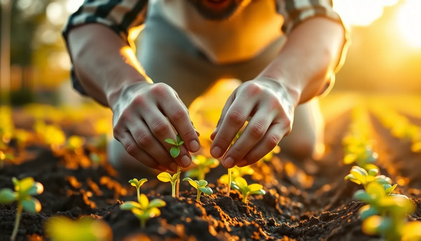 Gardener Planting Seedlings in Golden Hour