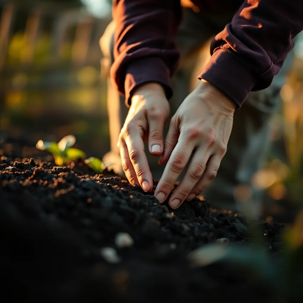 This intimate close-up photograph illustrates the hands of a gardener working with rich, dark soil. The warm evening light adds a cozy touch to the scene, enhancing the earthy colors of the soil. Every detail of the hands and textures of the soil is brought into focus, evoking the tactile experience of gardening. The blurred background creates a serene atmosphere, allowing viewers to contemplate the beauty of nature's groundwork.