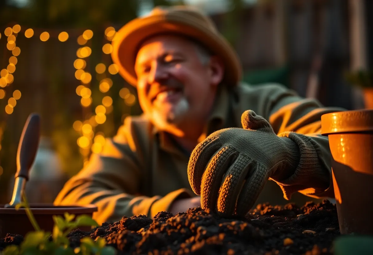A serene moment captured of a gardener unwinding by the warm glow of firelight after a day spent planting. The flickering shadows create a cozy atmosphere, enhancing the feeling of relaxation and accomplishment. The soft focus on the gardener's content expression and worn gardening gloves emphasizes the connection between the individual and their craft. This image encapsulates the peaceful satisfaction that comes from nurturing nature.