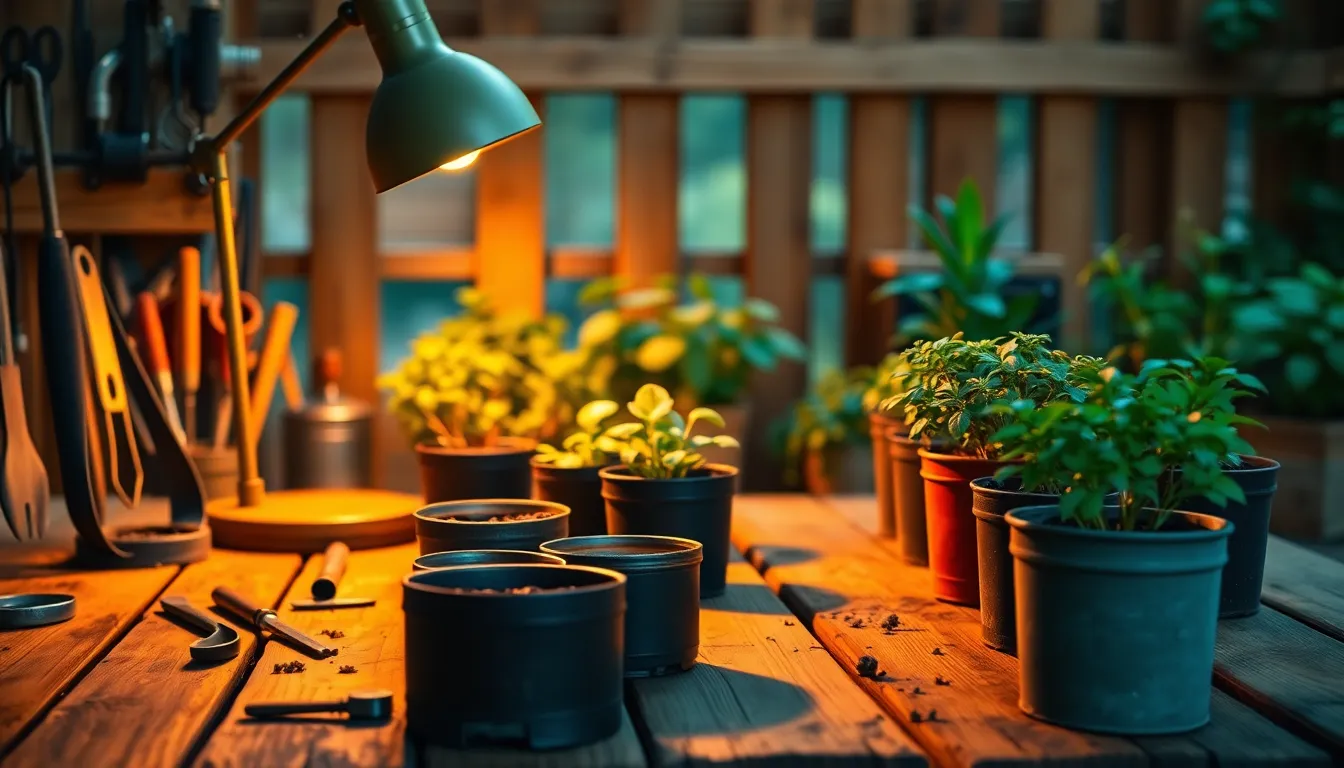 Cozy Potting Table Setup An inviting shot of a rustic potting table illuminated by warm tungsten lighting, showcasing various gardening tools and potted plants. The carefully arranged tools and vibrant greenery create a homely atmosphere perfect for gardening enthusiasts. The warm hues of the wood contrast with the lush greens, bringing the scene to life. This cozy composition captures the essence of creating and nurturing a garden.