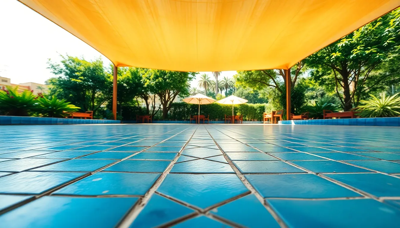 This vibrant image showcases a stunning array of geometric patio tiles, illuminated by soft diffused daylight. The meticulous patterns and bright colors of the tiles contrast beautifully with the lush greenery in the background. The use of leading lines enhances the composition, drawing the viewer's eye through the scene. The details of the tiles’ textures and imperfections add a layer of authenticity and charm to the overall aesthetic.
