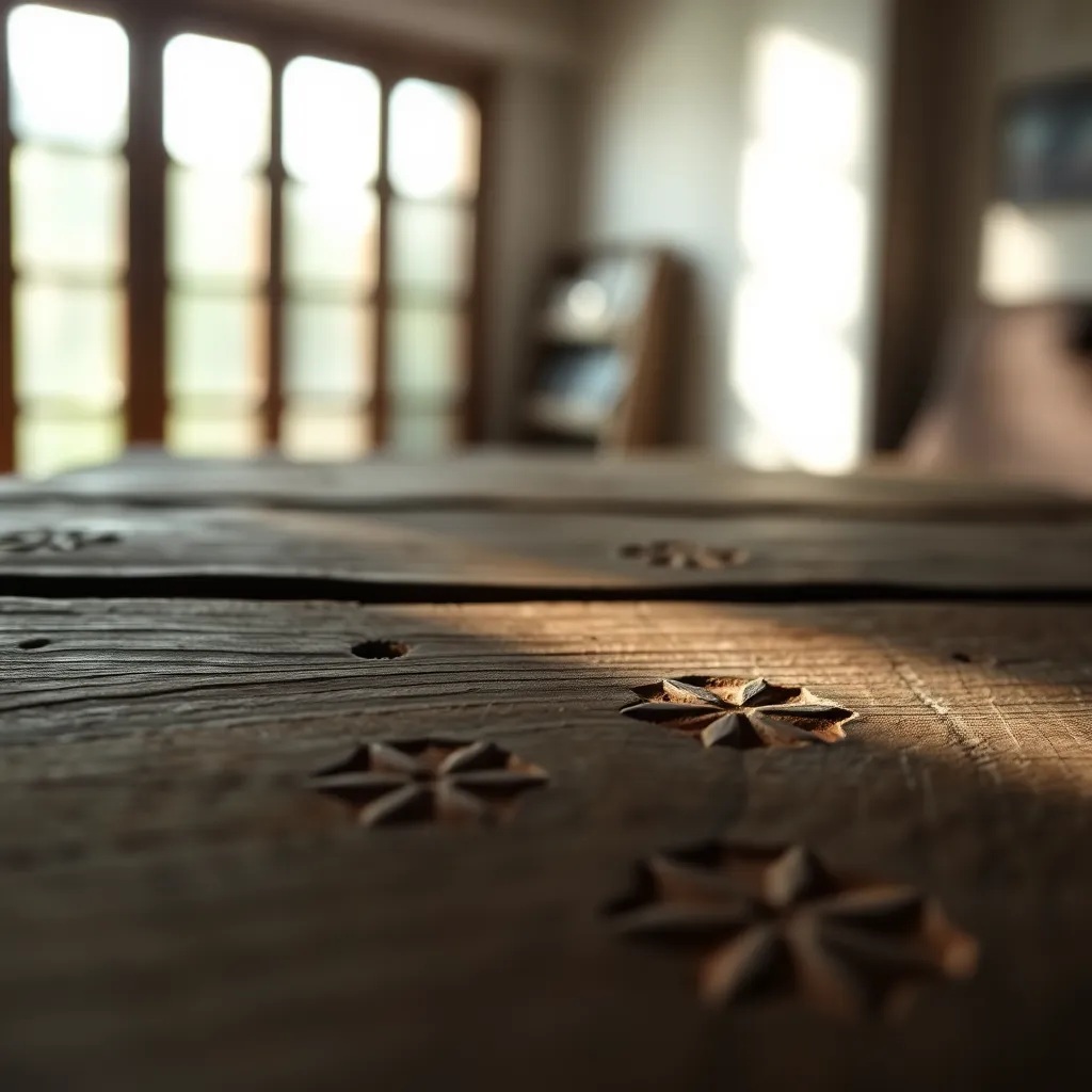 This close-up image focuses on the detailed craftsmanship of geometric carvings on a weathered wooden surface. Soft, natural light enhances the rich textures and earthy tones, inviting the viewer to appreciate the artistry involved. The shallow depth of field draws attention to the intricacies of the carvings, creating a warm and inviting atmosphere. This photograph serves as a testament to the beauty of handcrafted design in natural materials.