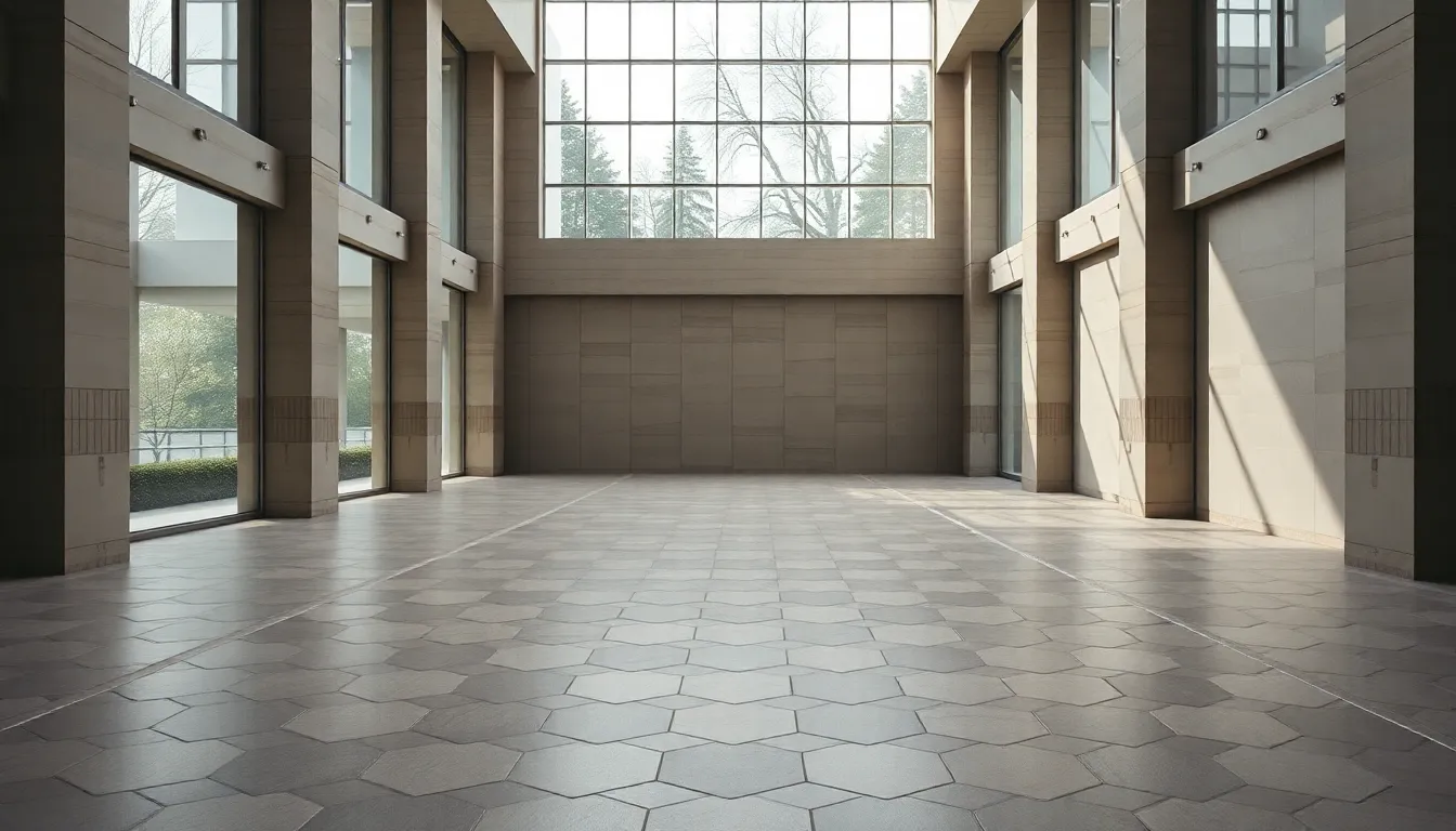This image features a captivating view of hexagonal tiles creating a stunning geometric pattern on a polished floor in a modern architectural space. Soft, diffused natural light streams in, highlighting the gentle interplay of shapes and textures. The muted earth tones of the tiles create a tranquil ambiance, inviting viewers into this serene environment. The composition is meticulously centered, emphasizing the beauty of the geometric layout.