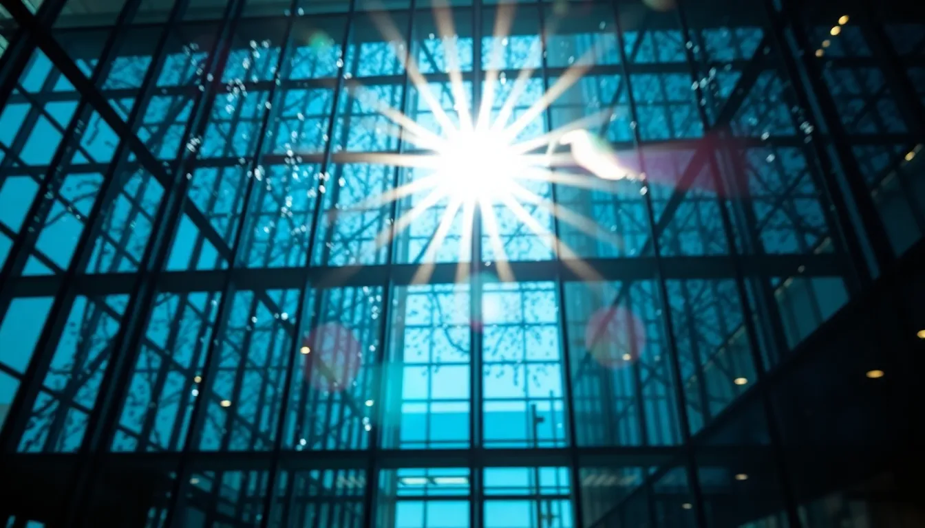 This striking image captures a modern glass facade displaying a stunning interplay of geometric patterns created by sunlight. The bright midday illumination highlights the reflections, enhancing the vibrant blues and whites of the glass. With a shallow depth of field, the foreground's intricate details remain in sharp focus, while the softened background creates a dreamy ambiance. The composition's leading lines guide the viewer’s gaze, drawing attention to the beauty of architectural geometry.