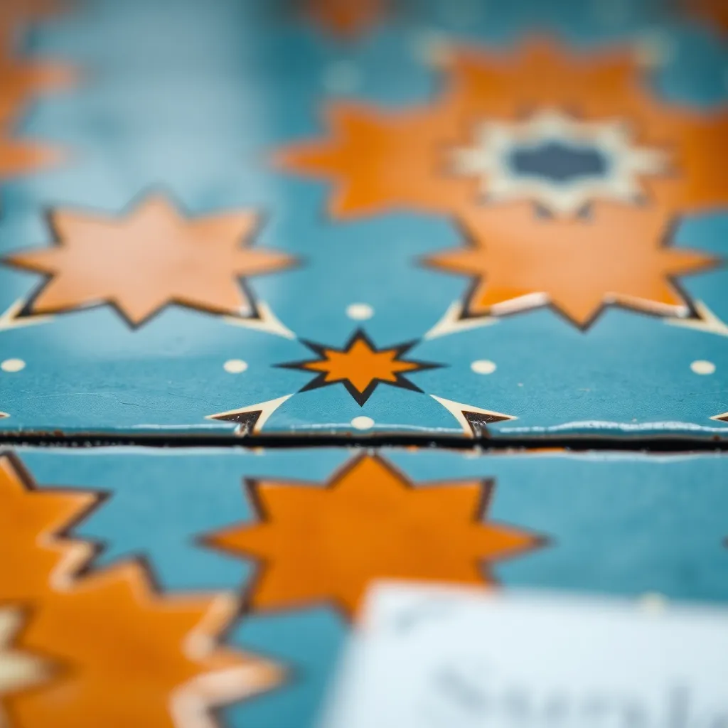 This close-up photograph captures the captivating geometric patterns of a ceramic tile, showcasing the artistry of its design. The glossy surface reflects the studio lighting beautifully, enhancing the vibrant blue and orange colors. A shallow depth of field draws the eye to the tile's intricate details, while the centered composition emphasizes its striking visual appeal. This image represents the fusion of art and craftsmanship in home décor.