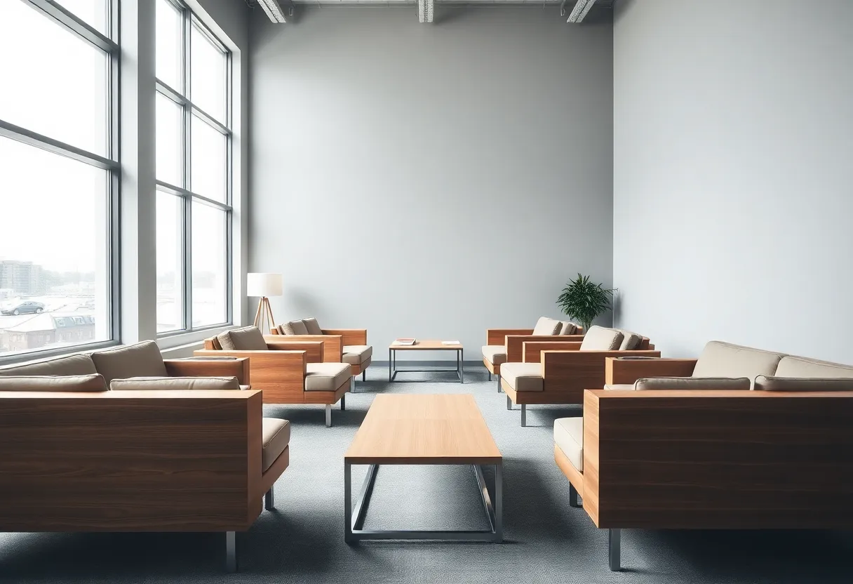 This image presents an elegant arrangement of geometric office furniture, showcasing the beauty of modern design in a bright, airy space. Overcast daylight provides soft illumination, enhancing the textures of polished wood and metal. A centered symmetrical composition draws attention to the harmony of shapes, while the shallow depth of field creates a pleasing blur in the background, allowing the details to stand out vividly.