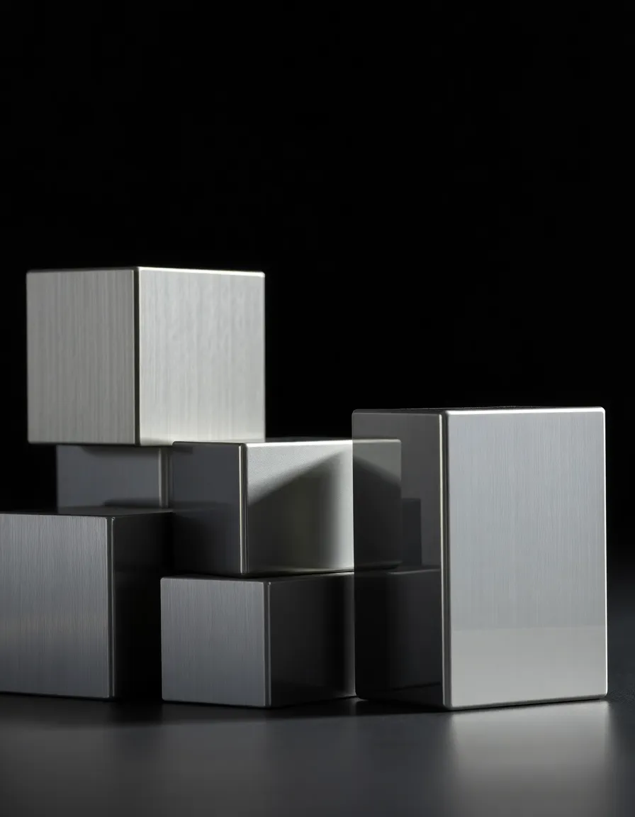 This striking image features a collection of stacked metal cubes, highlighting various finishes such as brushed nickel and polished chrome. Soft studio lighting creates dramatic contrasts, emphasizing the sleek geometric shapes and textures. The cool gray and silver color palette conveys a modern and industrial feel, while the shallow depth of field focuses attention on the intricacies of the metal surfaces. The composition's rule of thirds draws the viewer's eye to the key element, making this image perfect for design enthusiasts.