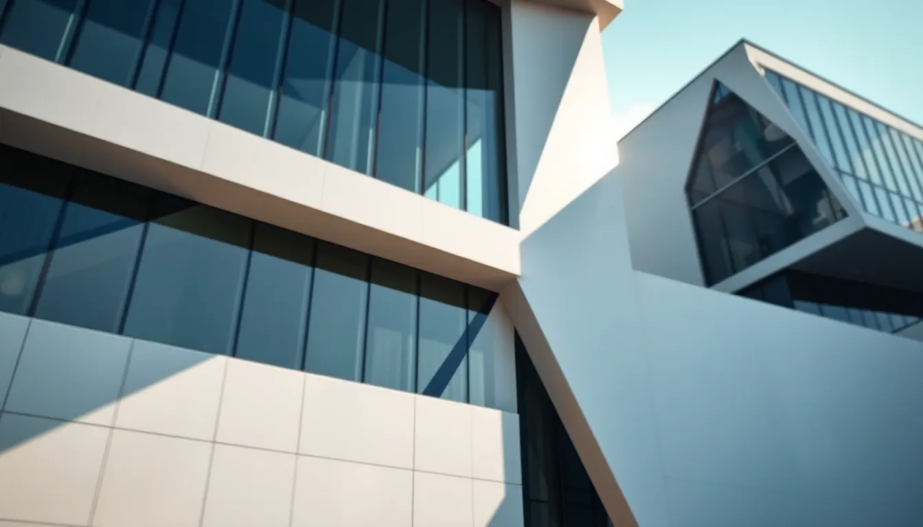 This dynamic photograph showcases a modern architectural marvel defined by its striking geometric shapes. Afternoon sunlight illuminates the building, enhancing the sharp lines and reflections on its glass facade. The shallow depth of field draws focus to the architecture while softening the foreground for an artistic touch. The color scheme of whites, grays, and blues accentuates the building's contemporary design, while leading lines guide the viewer's eye through the image.