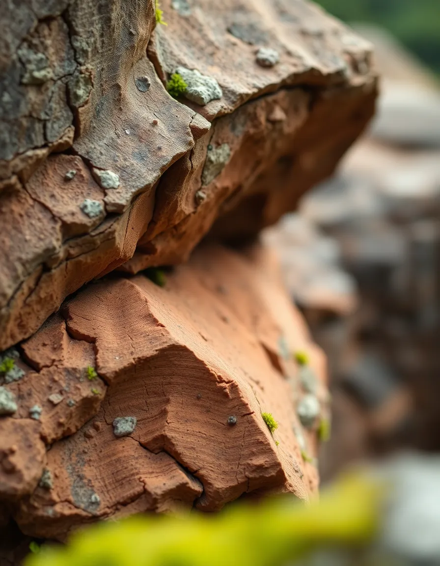 This macro photograph captures the intricate natural geometric patterns found in a rock formation. Softly illuminated by diffused daylight, the textures, cracks, and layered colors offer a rich visual experience. The earthy color palette features browns and grays with hints of moss green, creating a harmonious look. A shallow depth of field emphasizes the foreground rock, while the background gently blurs away, enhancing the unique geometric shapes of the rocks.