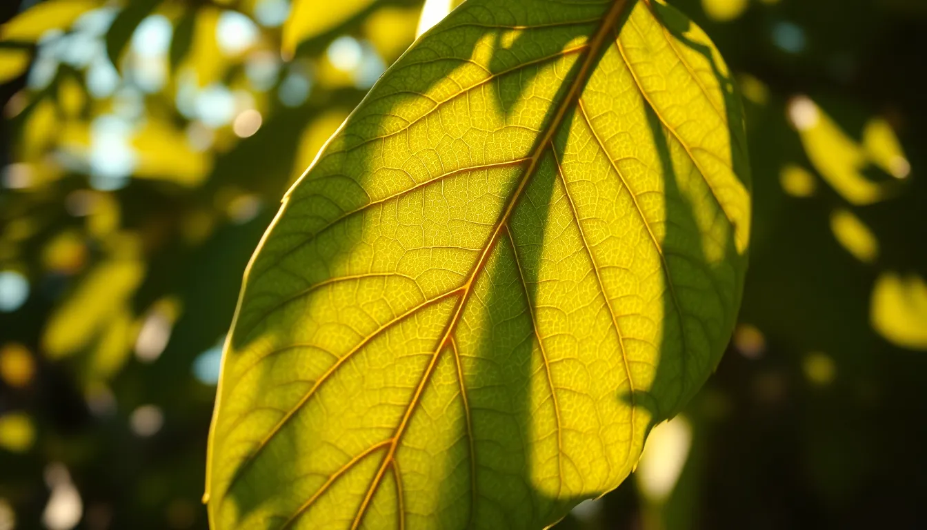 This close-up image beautifully reveals the intricate geometric patterns found in the veins of a leaf, enhanced by dappled sunlight creating a soft and warm atmosphere. The shallow depth of field focuses on the complex shapes while rendering the background in creamy bokeh, inviting the viewer to explore the natural beauty of these patterns. The warm tones and soft lighting create an inviting feel, emphasizing the art of nature's design. The centered composition brings attention to the delicate details.