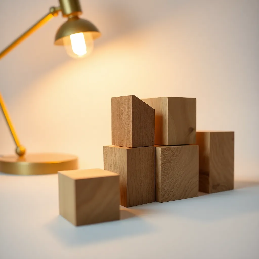 This captivating macro photograph presents a beautifully arranged set of geometric wooden blocks that showcase the natural beauty of wood. Warm lighting from a tungsten lamp highlights the intricate grain and knots of each block, creating a cozy atmosphere. The shallow depth of field draws focus to the textures, while the minimalistic white background emphasizes the forms of the blocks. The use of negative space enhances the composition, making it visually appealing and harmonious.